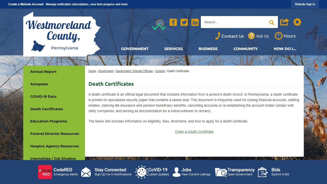 Death Certificates | Westmoreland County, PA - Official Website
