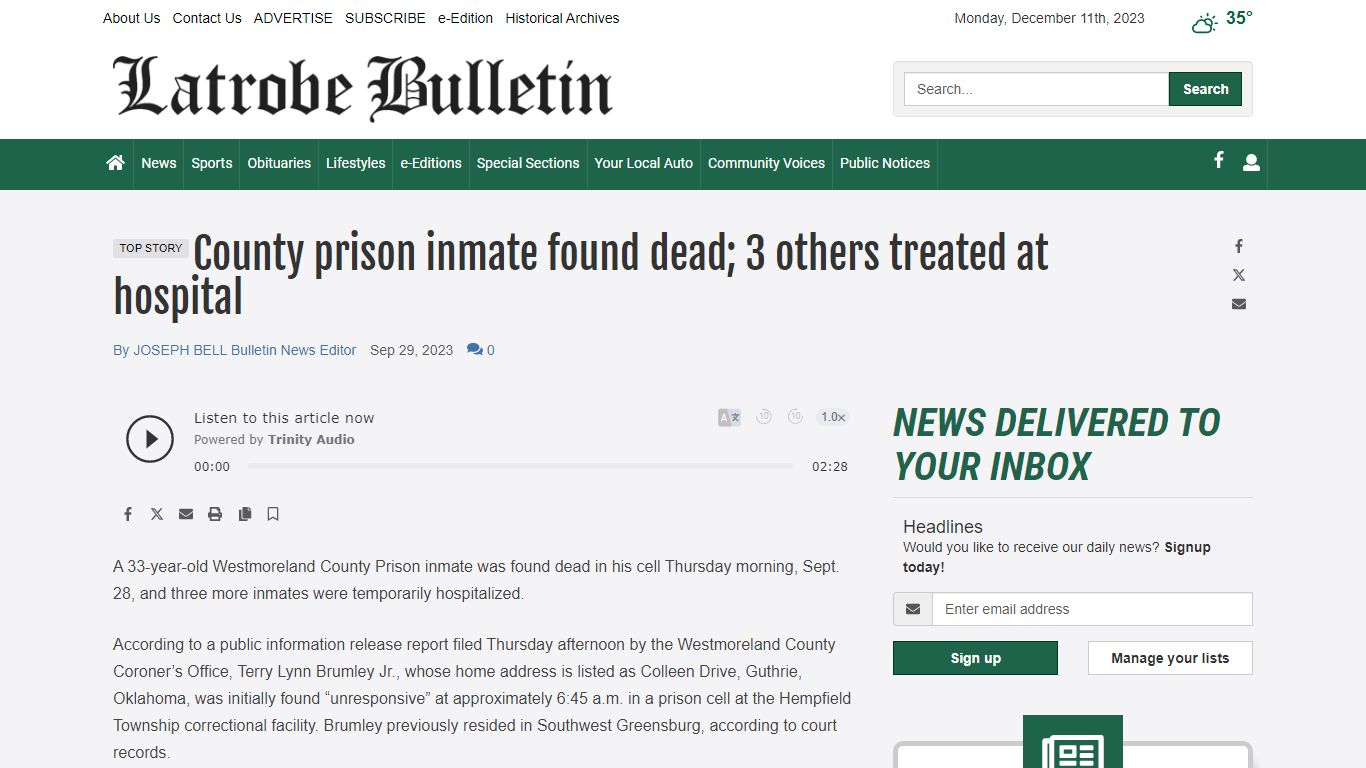 County prison inmate found dead; 3 others treated at hospital
